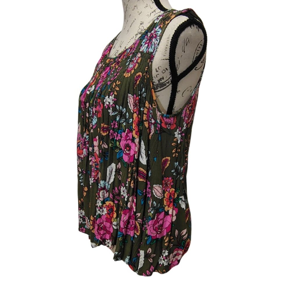 Womens Blouse Medium Sleeveless Olive Green Pink Floral‎ - Y2K Boho Hippie 70s - Picture 2 of 6